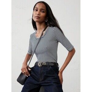 Banana Republic Sz Med Scoop Neck White & Blue Striped Elbow Sleeve Top SOFT!